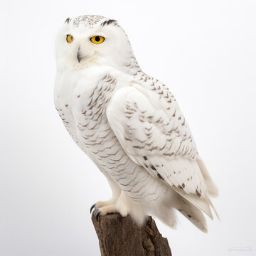 White owl portrait, photo studio on white background, generative ai