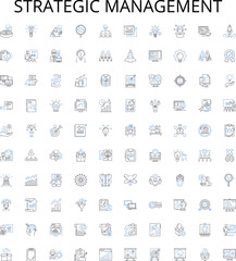 Strategic management outline icons collection. Planning, Decision-making, Organizing, Leadership, Strategy, Analysis, Adaptation vector illustration set. Implementation,Forecasting,Evaluation linear