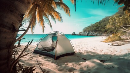 Glamping. A camping tent on the beach with a beautiful view, white sand, ocean, sea and palm trees. Concept of tourism and hiking. Сreated with Generative AI