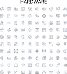 Hardware outline icons collection. Hardware, components, peripherals, processors, GPUs, motherboards, RAM vector illustration set. power-supplies, video-cards, network-cards linear signs