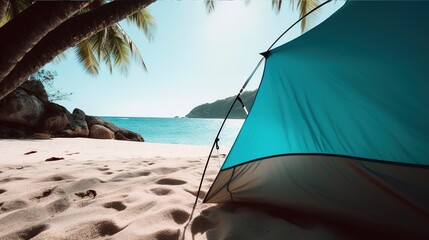Glamping. A camping tent on the beach with a beautiful view, white sand, ocean, sea and palm trees. Concept of tourism and hiking. Сreated with Generative AI