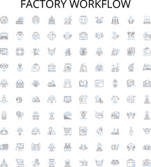 Factory workflow outline icons collection. Factories, Workflow, Production, Manufacturing, Process, Quality, Machines vector illustration set. Automation, Output, Logistics linear signs