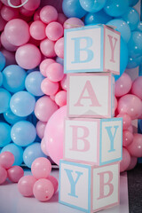 Photo zone, arch with pink and blue balloons, cubes with text baby for gender party. Boy or girl....