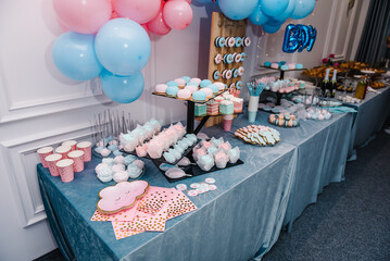 Baby Shower party decor. Delicious reception. Celebration concept. Trendy candy bar. Table with sweets, candies, dessert. Photo zone, arch with pink and blue balloons for gender party. Girl or boy.