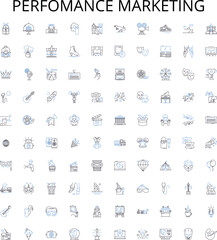 Perfomance marketing outline icons collection. Performance, Marketing, Advertising, Optimization, Analytical, Conversion, Cost vector illustration set. Campaigns, Tracking, Content linear signs