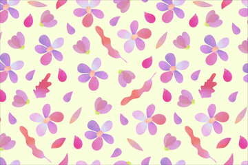 Seamless pattern of watercolor flowers and leaves. Abstract background with watercolor floral elements. Colorful background of flowers.