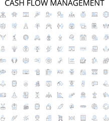 Cash flow management outline icons collection. Cash, Flow, Management, Budgeting, Tracking, Planning, Monitoring vector illustration set. Analysis, Forecasting, Optimizing linear signs