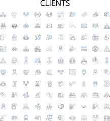 Clients outline icons collection. Customers, Consumers, Patrons, Buyers, Subscribers, Audience, Users vector illustration set. Clients, Guests, Cliques linear signs