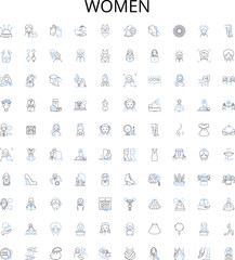 Women outline icons collection. Female, Ladies, Womenfolk, Ladies, She, Herself, Womanly vector illustration set. Feminine, Gal, Maiden linear signs