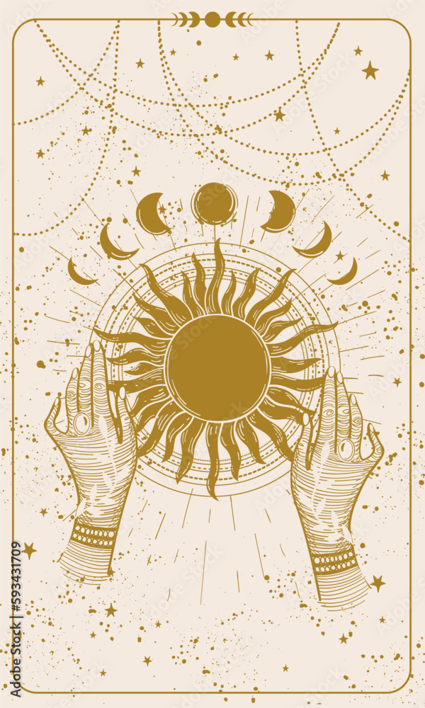 Wall mural mystical tarot card, witch holding sun engraved on beige boho background. background for stories, ma