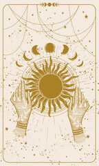 Mystical tarot card, witch holding sun engraved on beige boho background. Background for stories, magical celestial astrology card, zodiac. Hand drawn vector illustration. - obrazy, fototapety, plakaty