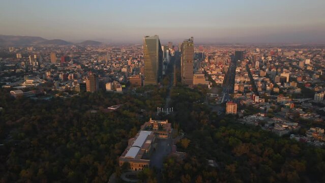 Aerial view of capital of Mexico, Chapultepec Castle in park Bosque de Chapultepec, skyline with modern high-rise buildings skyscrapers landscape panomexicorama