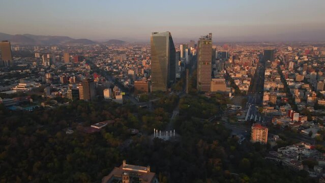 Aerial scenic panoramic view Mexico City Castle, Chapultepec forest and cityscape buildings skyline background.Travel sightseeing historical landmarks