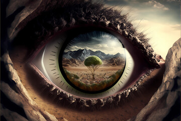 Fantastic surreal world in the eye. Sleep in the eyes. AI generation