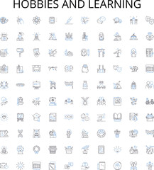 Hobbies and learning outline icons collection. Crafting, Reading, Painting, Skating, Swimming, Trekking, Cooking vector illustration set. Programming, Gaming, Martial Arts linear signs
