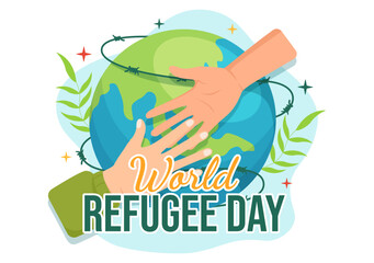 World Refugee Day on 20 June Vector Illustration with Immigration Family and Their Kids Walking Seek Home in Flat Hand Drawn Wire Fence Templates