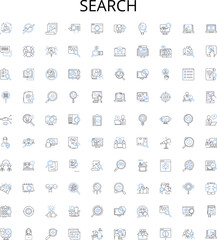 Search outline icons collection. Find, Explore, Hunt, Lookup, Locate, Query, Scan vector illustration set. Track, Research, Dig linear signs