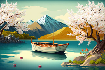 View of mount with cherry blossom, flowers and boat at the lake in japan