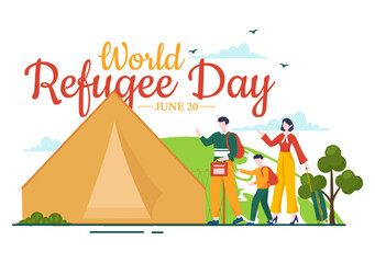 World Refugee Day on 20 June Vector Illustration with Immigration Family and Their Kids Walking Seek Home in Flat Hand Drawn Wire Fence Templates