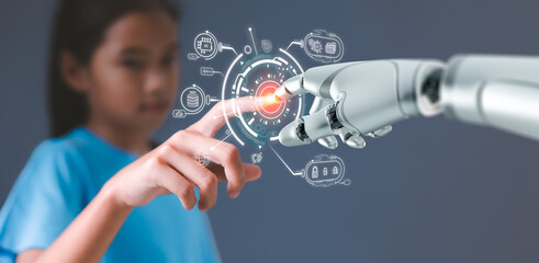 Robot finger and human finger touching on global virtual network connection future interface. AI, Machine learning, Science, artificial intelligence technology, innovation for futuristic concept.