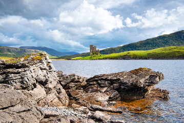 View to Ardvreck Castle, a ruinous old stronghold of the MacLeods of Assynt, in a beautiful spot on the banks of Loch Assynt.
