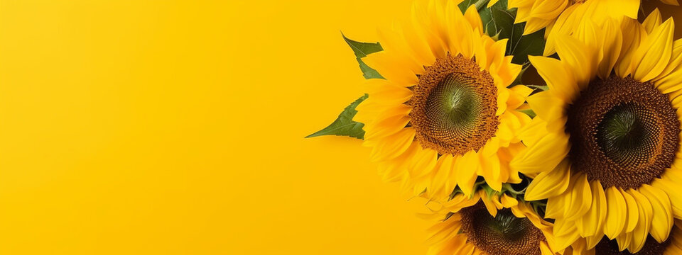 Sunflowers. Black seeded yellow sunflower isolated on yellow background. Flat lay, top view, copy space. Autumn or summer Concept, harvest time, agriculture. 