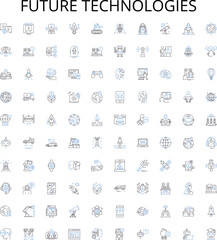 Future technologies outline icons collection. AI, Robotics, Automation, Virtual Reality, Quantum Computing, Augmented Reality, Biotechnology vector illustration set. Machine Learning, Nanotechnology