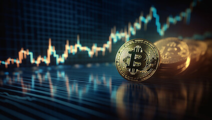 Mining and investing in cryptocurrency: Golden coin with candlestick chart on digital background - Generative Ai