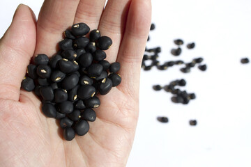 Black beans in woman hands.