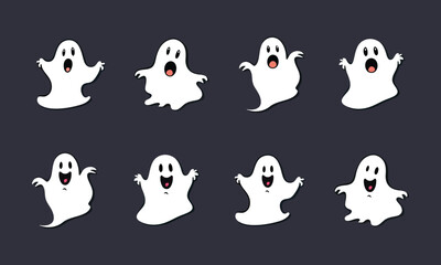 Cute funny happy ghosts. cartoon spooky ghost character. flat vector