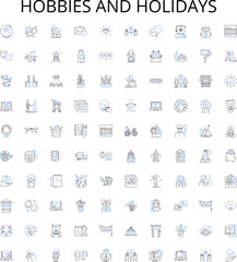 Hobbies and holidays outline icons collection. Sports, Traveling, Fishing, Crafting, Cooking, Reading, Stargazing vector illustration set. Writing, Hiking, Surfing linear signs