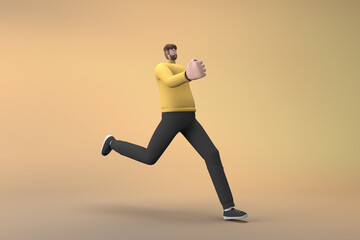 Plakat Man in casual clothes making gestures while pushing or running. 3D rendering of a cartoon character