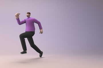 Man in casual clothes making gestures while pushing or running. 3D rendering of a cartoon character
