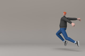 Fototapeta na wymiar Man in casual clothes making gestures while pushing or running. 3D rendering of a cartoon character