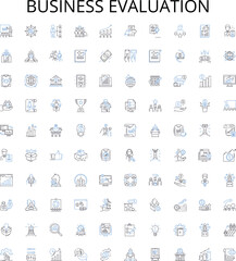 Business evaluation outline icons collection. Business, Evaluation, Rating, Analysis, Assess, Measure, Investigate vector illustration set. Review, Examine, Appraise linear signs