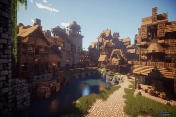Fototapeten village côtier Minecraft. Generative AI © Phoenix