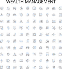 Wealth management outline icons collection. Wealth, Management, Investment, Retirement, Planning, Savings, Portfolio vector illustration set. Financial, Insurance, Strategies linear signs