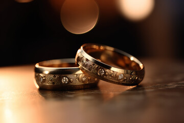 Engagement ring, wedding. Two golden wedding rings, wedding details. Generative ai