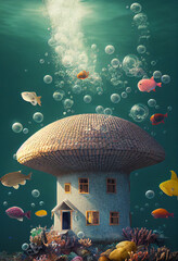 Fototapeta na wymiar there is a picture of mushroom house with fish in the water. generative ai.
