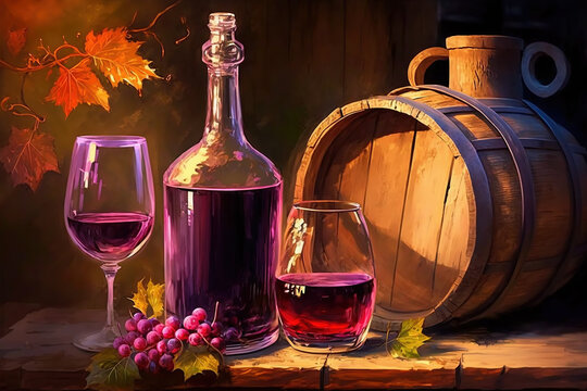 A paintely style illustration of a wooden wine barrel, a bottle of wine and two glasses.  Generative AI,