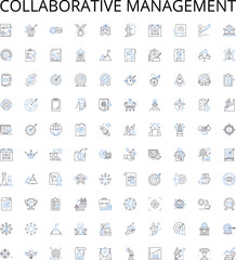 Collaborative management outline icons collection. Cooperation, Teamwork, Sharing, Interdependence, Allocation, Negotiation, Coordination vector illustration set. Participation, Consultation