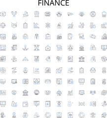 Finance outline icons collection. Money, Financing, Investment, Banking, Accounts, Credit, Budgeting vector illustration set. Wealth, Capital, Stocks linear signs