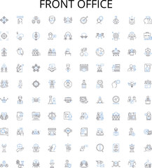 Obraz premium Front office outline icons collection. Front-Office, Reception, Desk, Office, Lobby, Concierge, Counter vector illustration set. Service, Telephone, Clerk linear signs