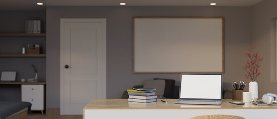 Modern home workspace with laptop mockup and stationery on a table in modern bedroom.