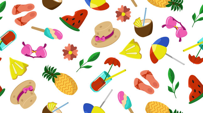 Vector seamless set of items for Summer holidays. Pattern items for a party on the beach. Horizontal banner on a summer theme with an image of bathing.