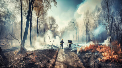 Firemans wearing firefighter turnouts and helmet. Dark background with smoke and blue light. Generative AI