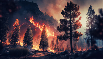 Fototapeta premium Intense flames from a massive forest fire. Flames light up the night as they rage thru pine forests and sage brush. Generative AI
