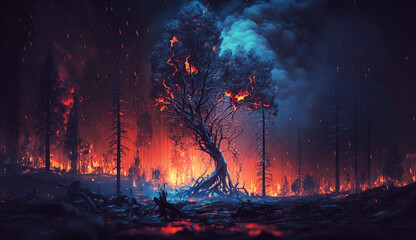 Intense flames from a massive forest fire. Flames light up the night as they rage thru pine forests and sage brush. Generative AI