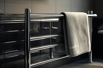 A sleek chrome towel rack with a towel. generative AI