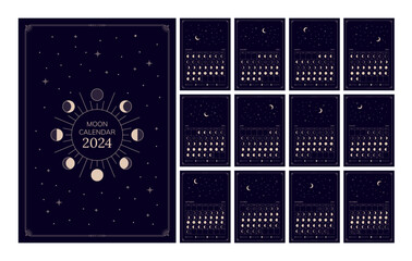 Moon calendar for 2024 year, lunar phases schedule and cycles monthly planner template. Astrological lunar stages calendar banner, card, poster vector illustration - obrazy, fototapety, plakaty